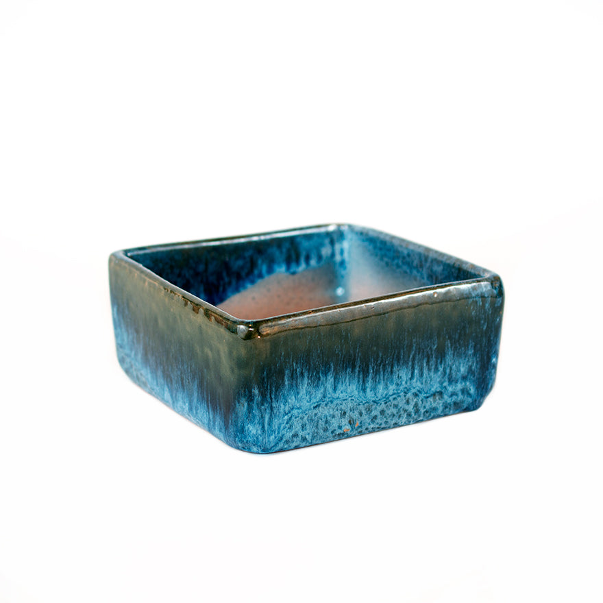 small blue glazed square dish planter sold at Bear Valley Nursery