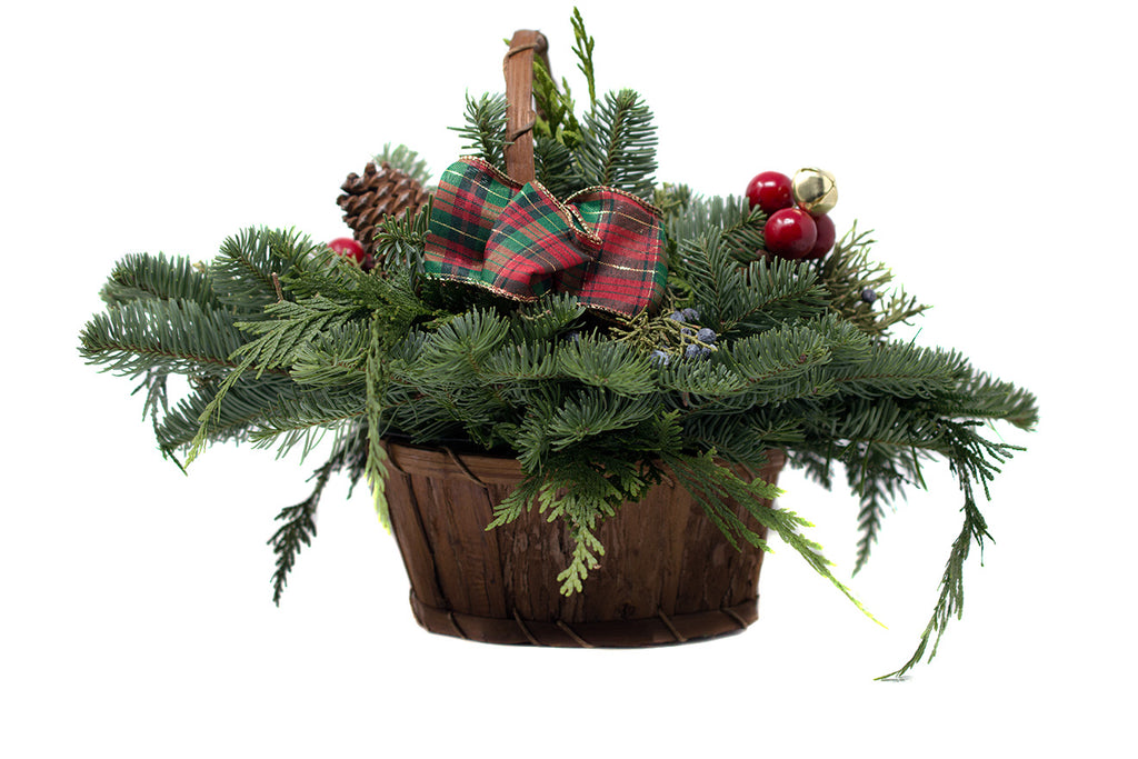 Greenery Basket for Christmas decoration sold at Bear Valley Nursery in Lincoln City, Oregon