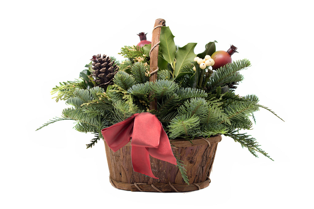 Greenery Basket with berries for Christmas decoration sold at Bear Valley Nursery in Lincoln City, Oregon