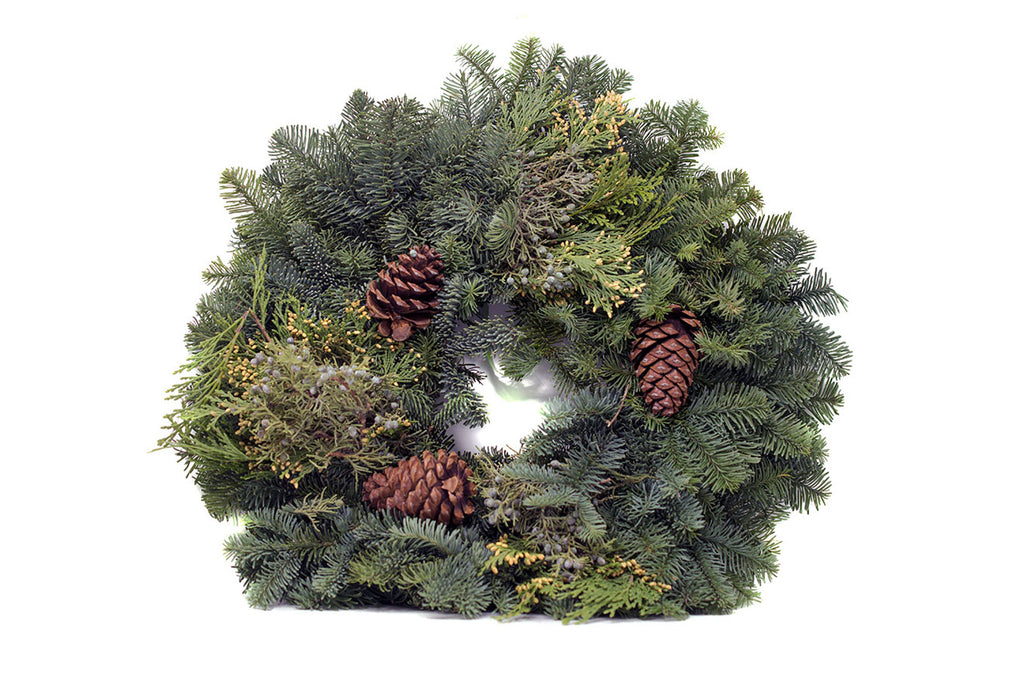 Small sized greenery Christmas Wreath sold at Bear Valley Nursery Located in Lincoln City, Oregon